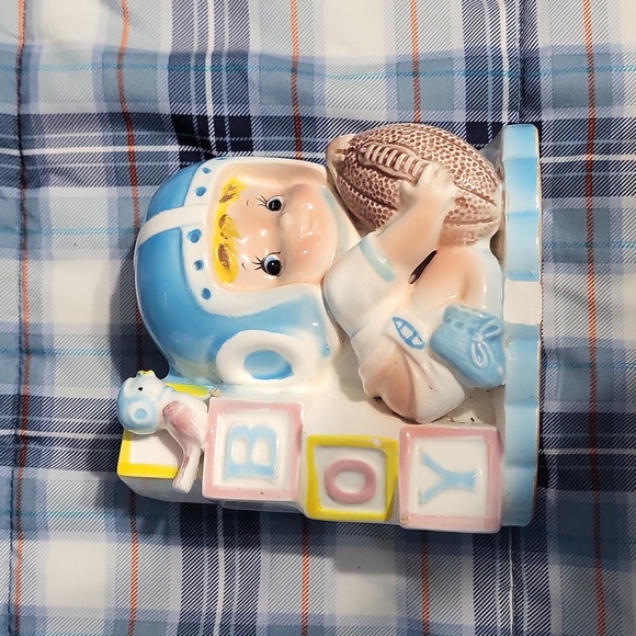 Vintage Baby boy ceramic vase container football Rubens blue white Japan - Picture 1 of 6